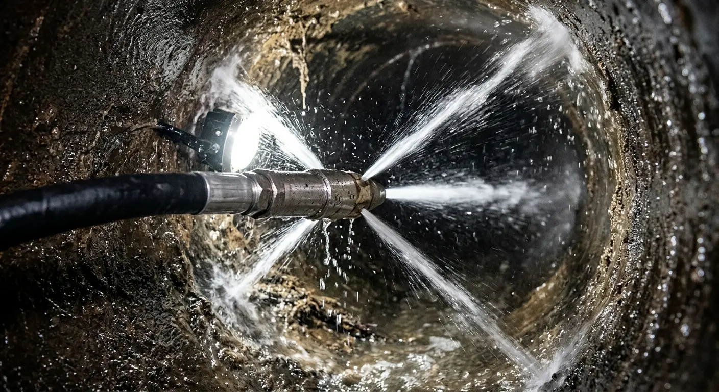 High-pressure hydro jetting nozzle cleaning sewer pipe for Trenchless Sewer Repair in Marlow Heights