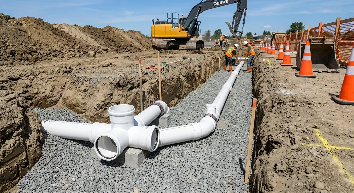 New PVC sewer pipe installation in open trench for Sewer Backup in Marlow Heights