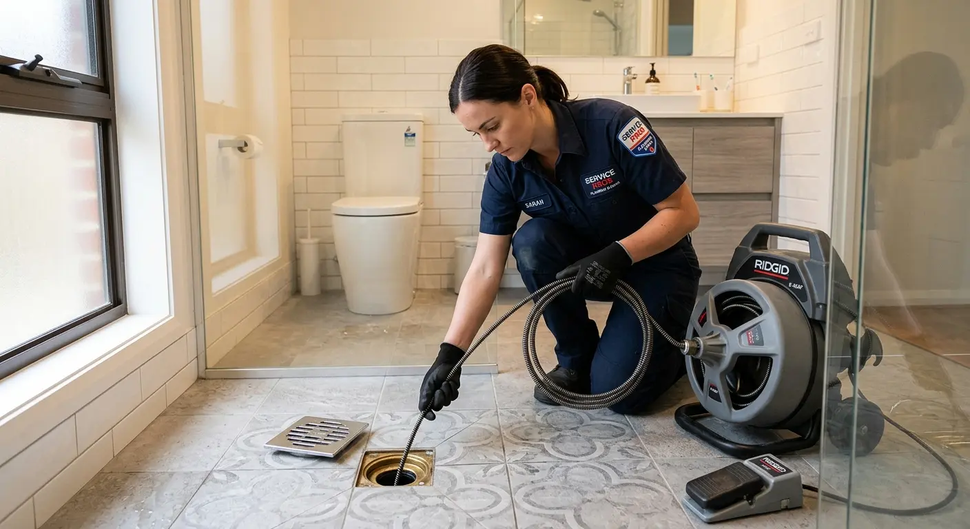 Technician clearing a bathroom floor drain for Hydro Jetting in Marlow Heights